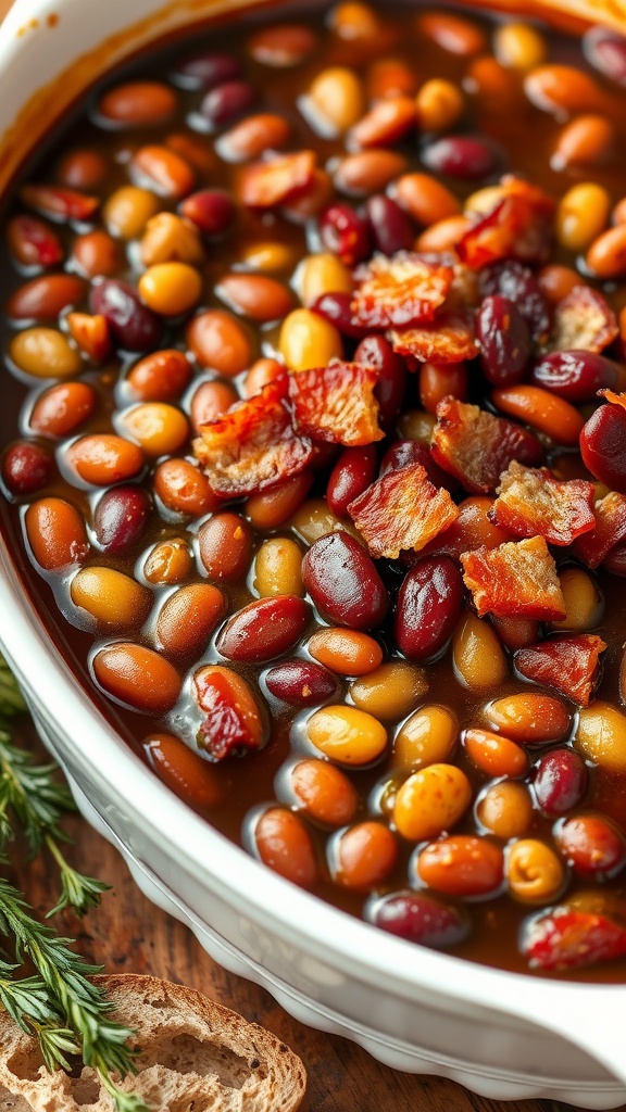 A baking dish of 5-bean baked beans topped with crispy bacon, served with bread on a wooden table.